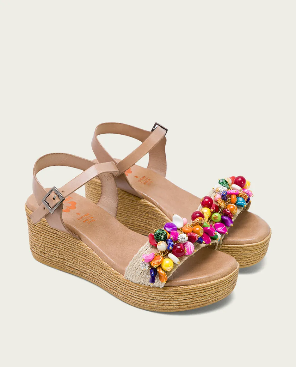 PORRONET Sandalia Cuña Con Abalorios Taupe Colores Irati Store