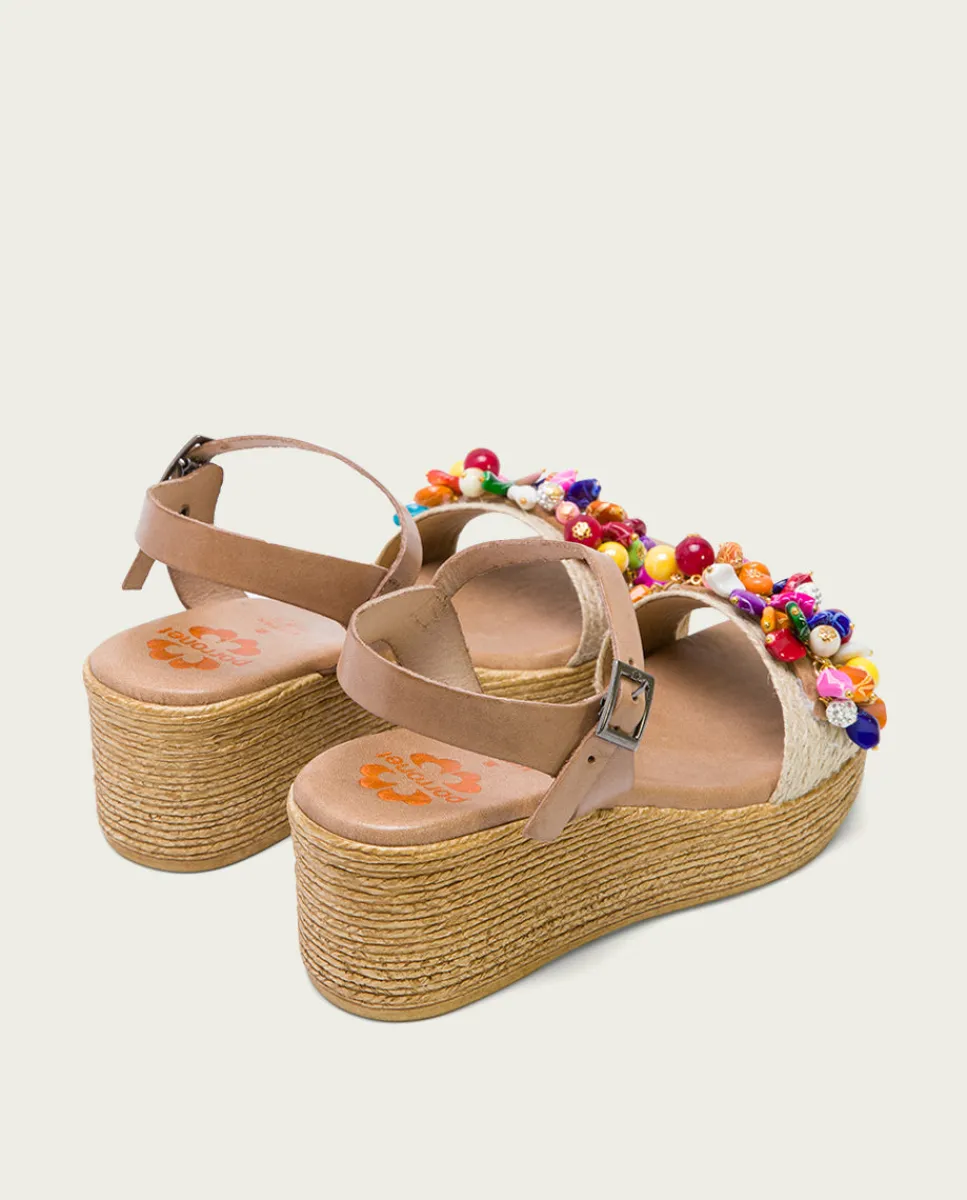 PORRONET Sandalia Cuña Con Abalorios Taupe Colores Irati Store