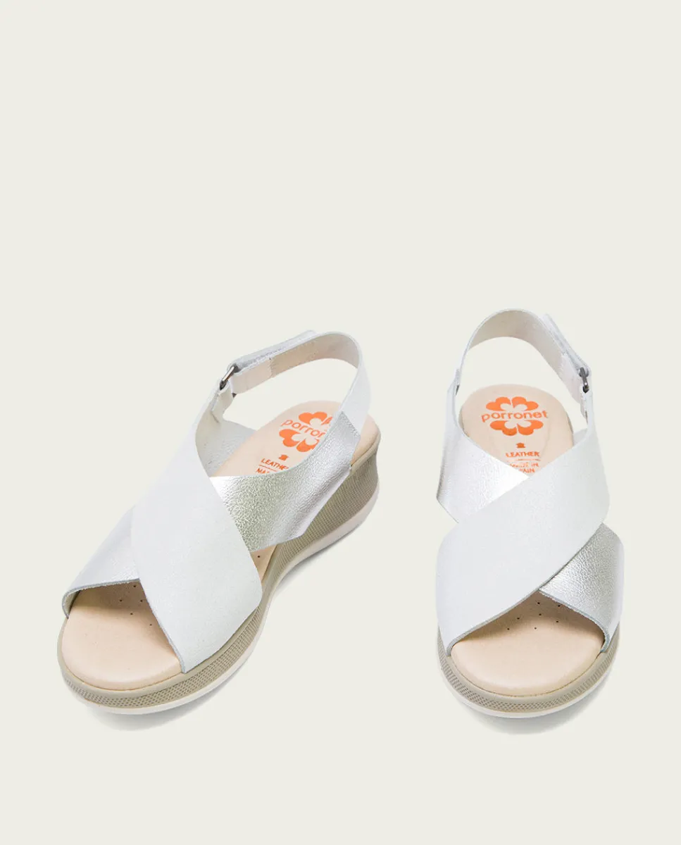 PORRONET Sandalia Cuña Piel Blanco Plata Flora Store
