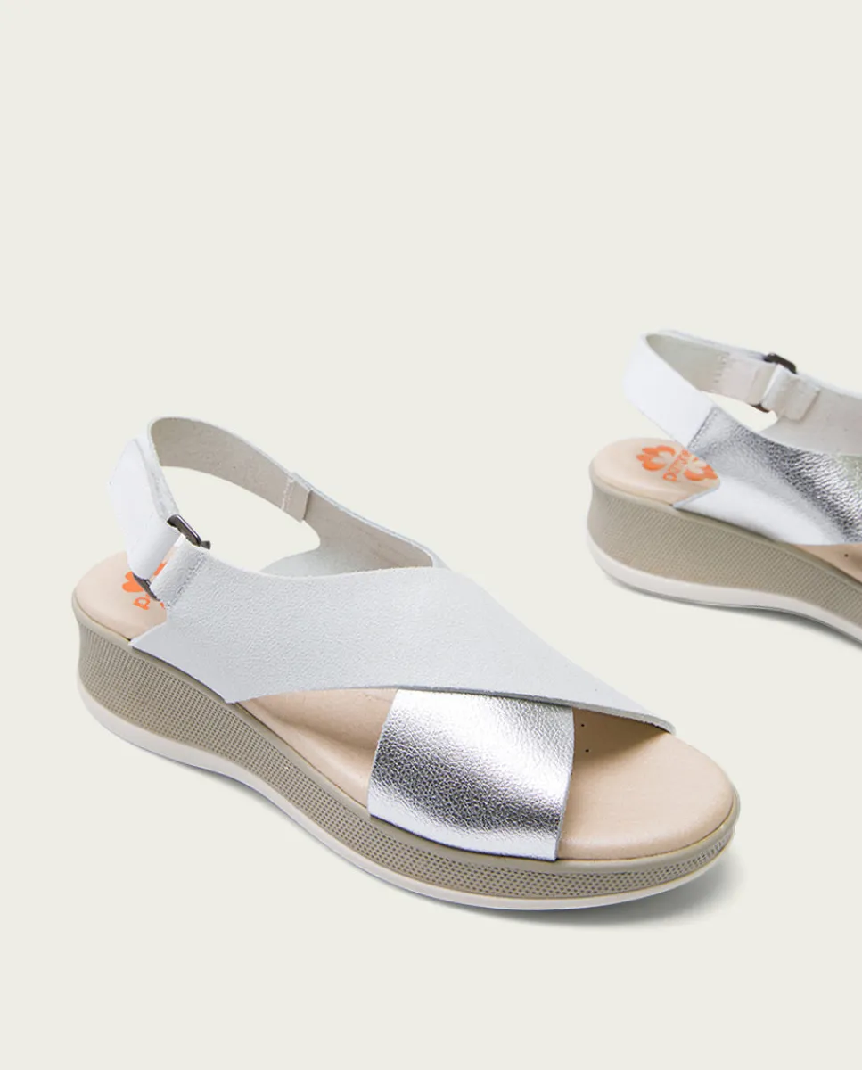 PORRONET Sandalia Cuña Piel Blanco Plata Flora Store