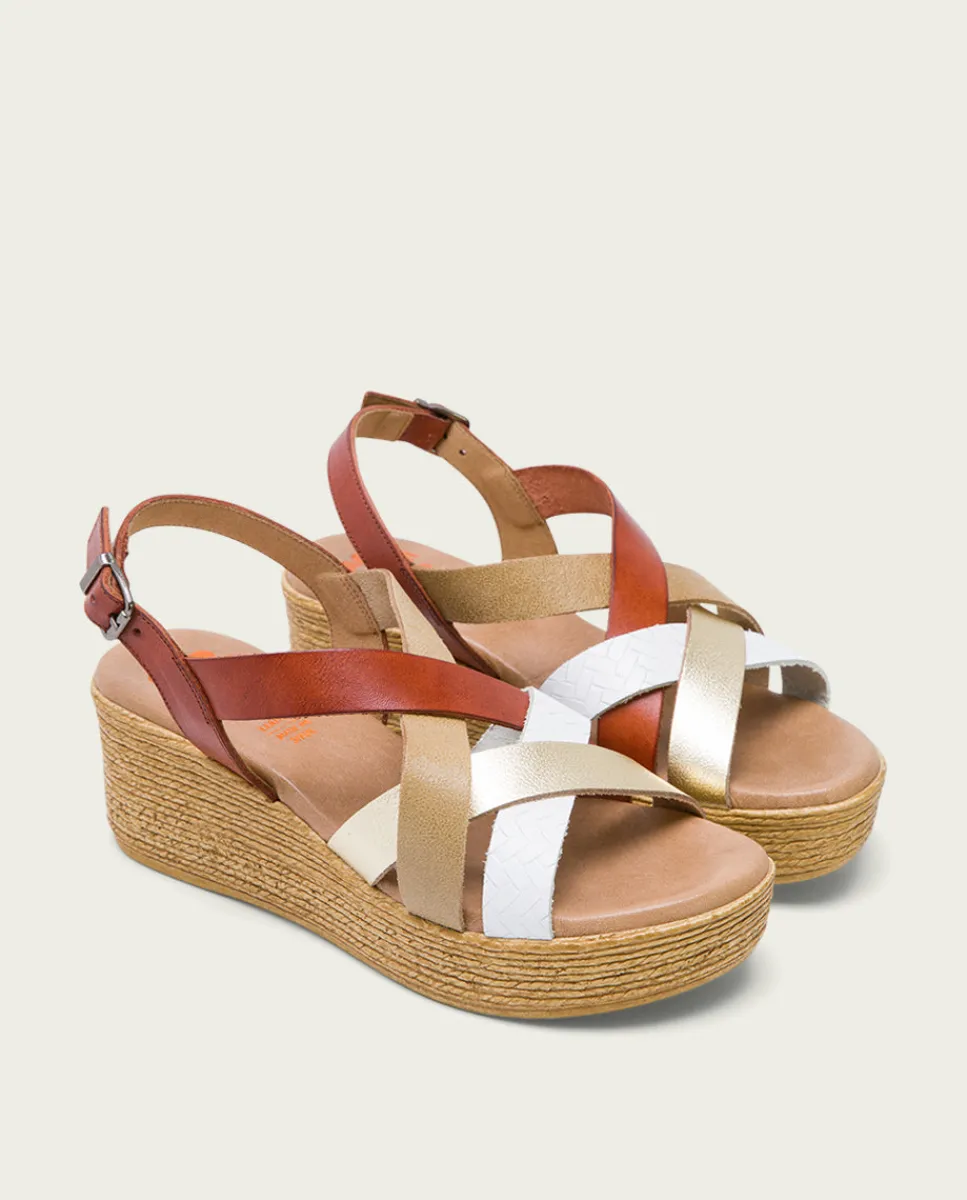 PORRONET Sandalia Cuña Piel Cuero Platino Iris Best