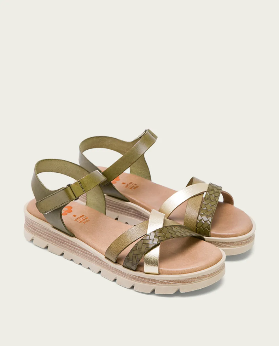 PORRONET Sandalia Cuña Piel Kaki Platino Belinda Best