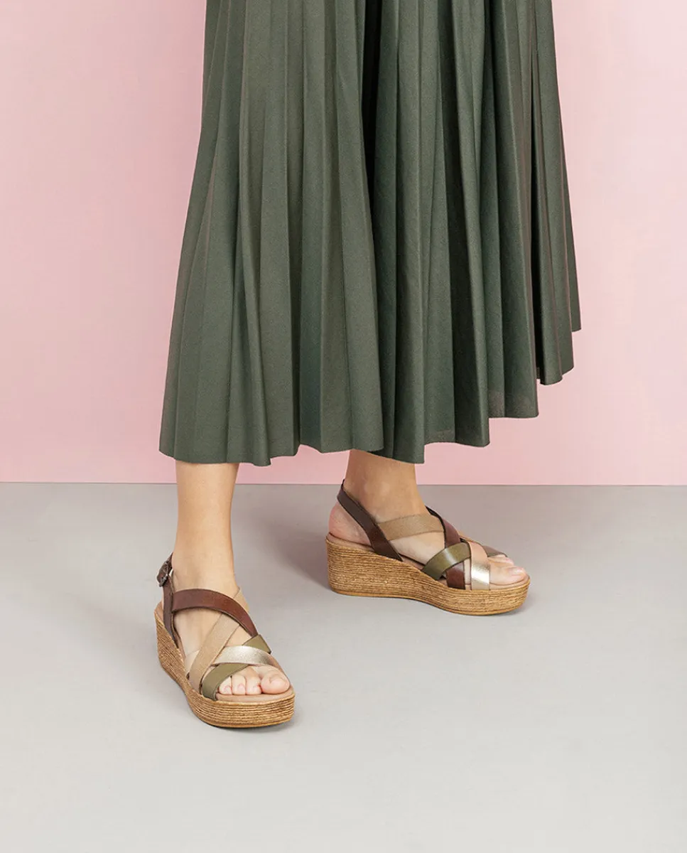 PORRONET Sandalia Cuña Piel Moka Platino Iris Fashion