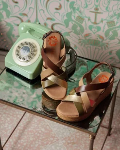 PORRONET Sandalia Cuña Piel Moka Platino Iris Fashion