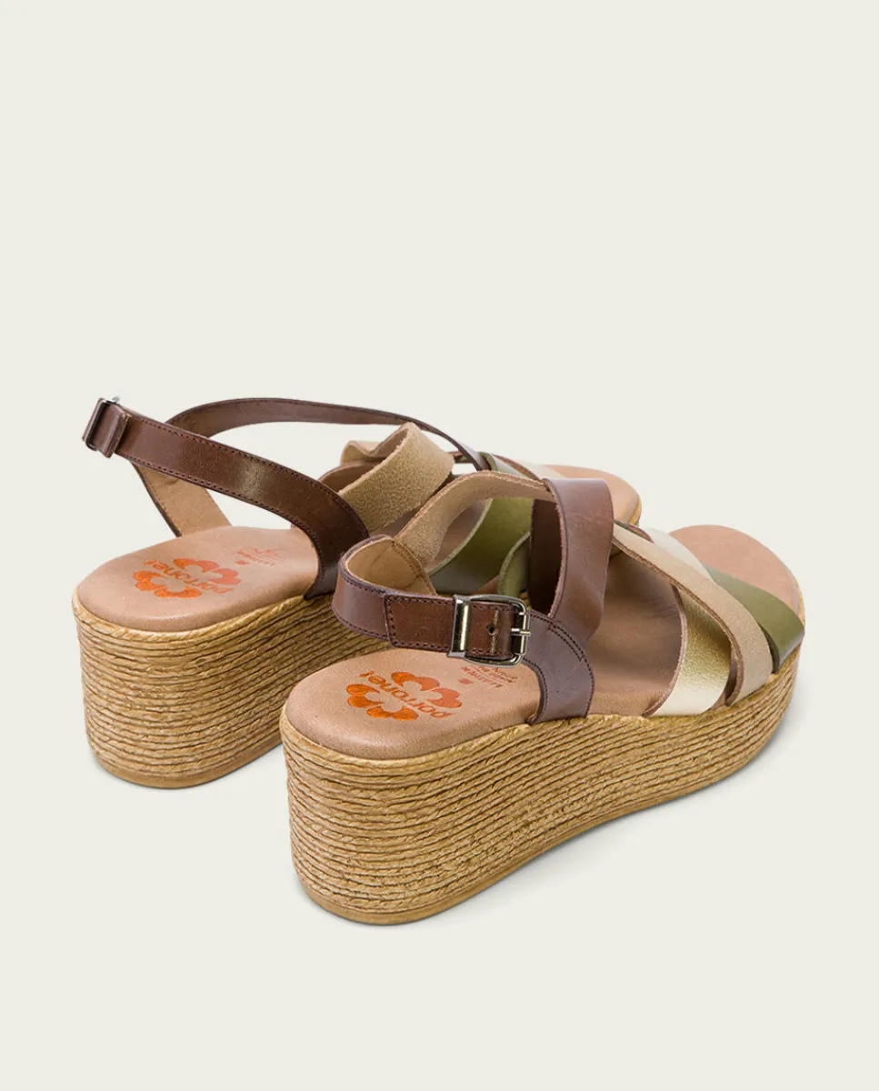 PORRONET Sandalia Cuña Piel Moka Platino Iris Fashion
