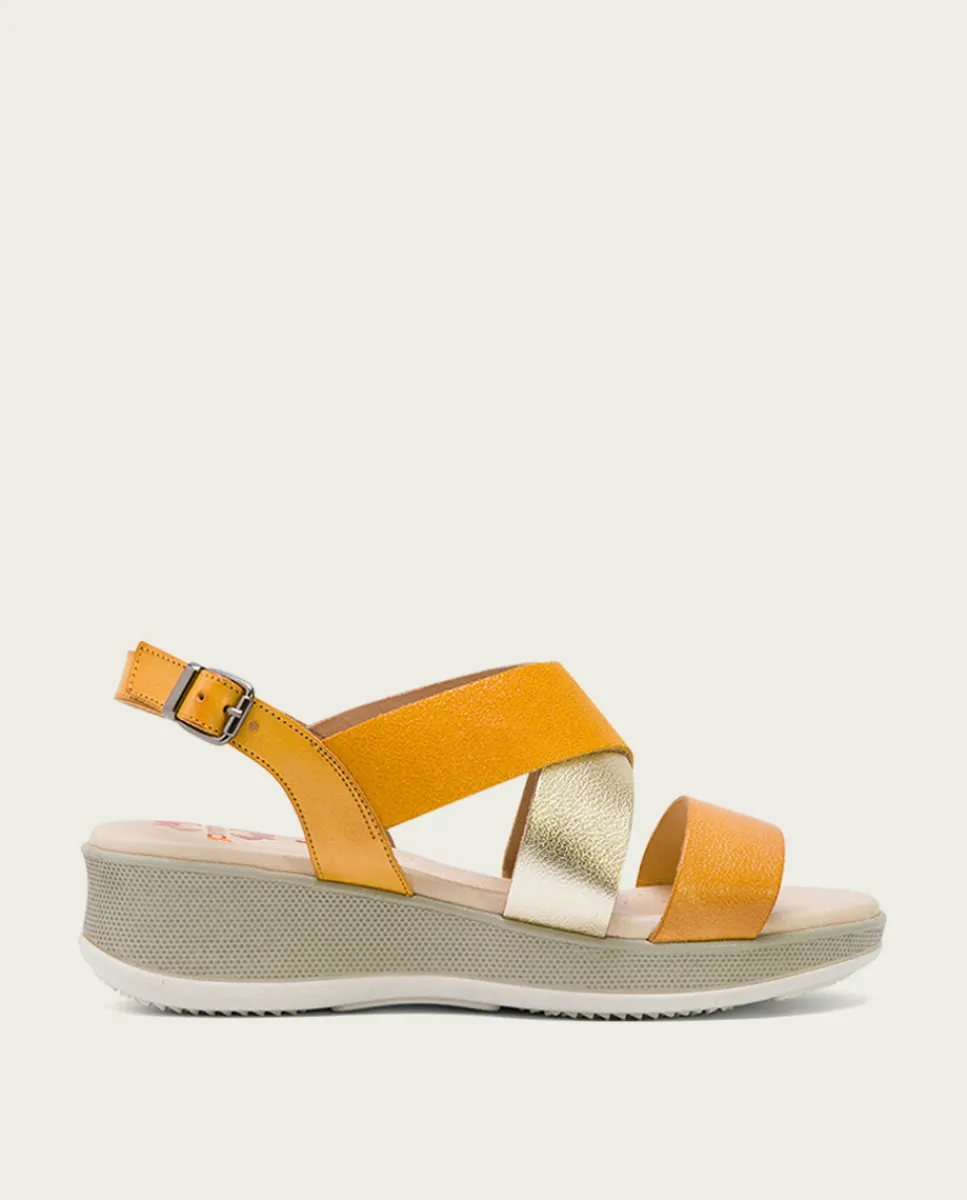 PORRONET Sandalia Cuña Piel Mostaza Platino Fiama New
