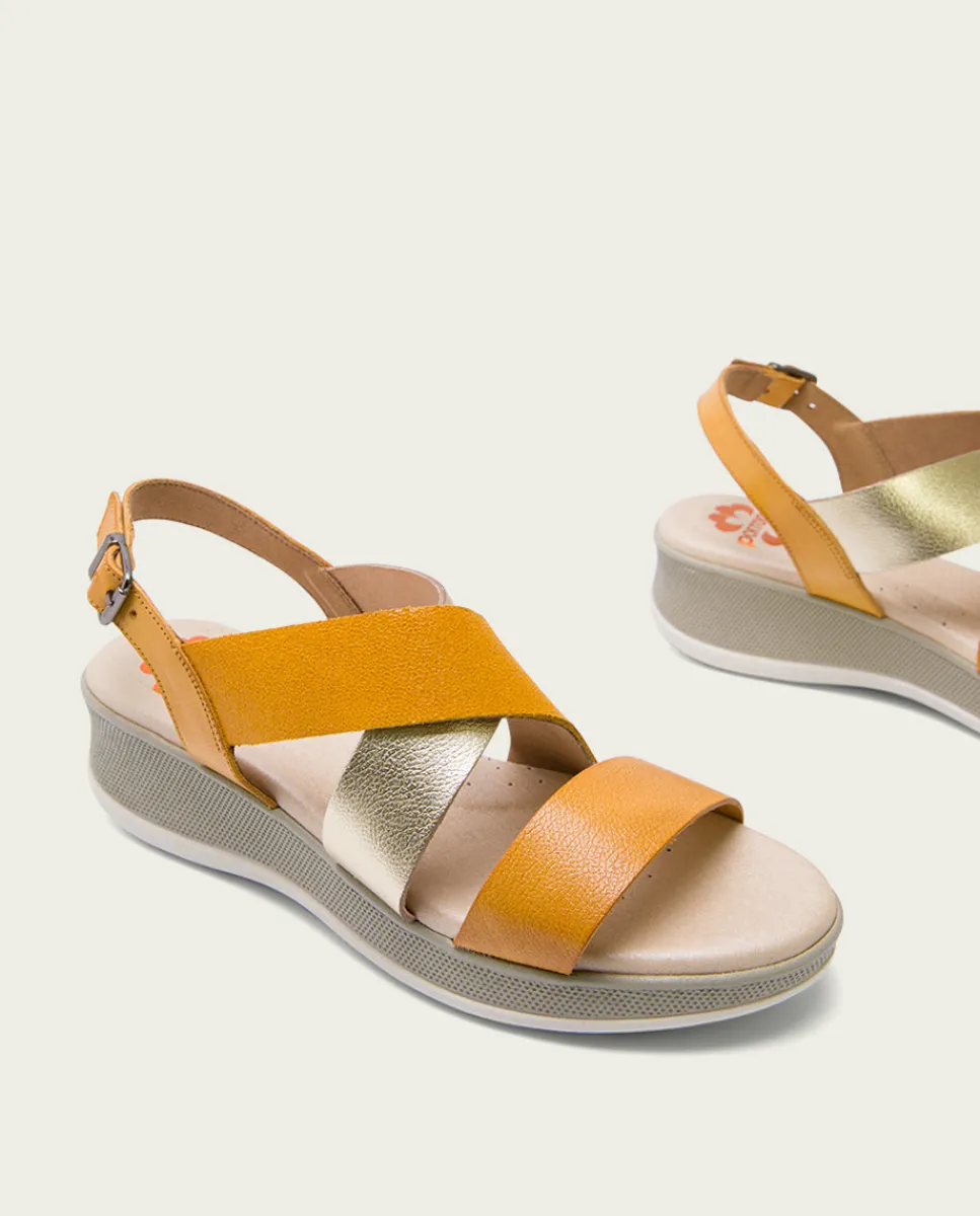 PORRONET Sandalia Cuña Piel Mostaza Platino Fiama New