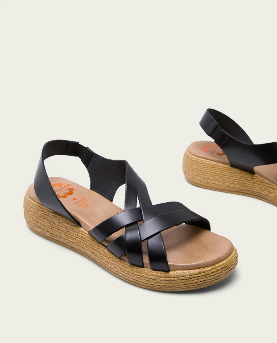 PORRONET Sandalia Cuña Piel Negra Ganga Best