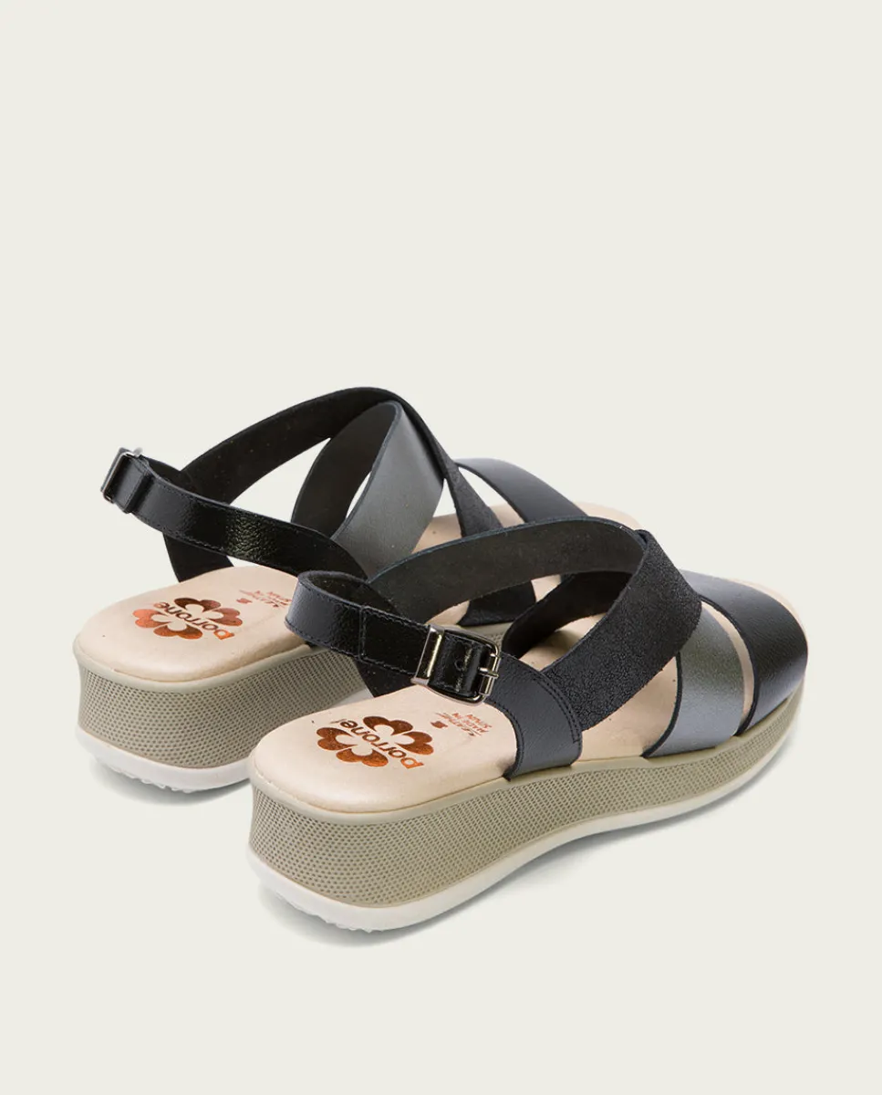 PORRONET Sandalia Cuña Piel Negro Plomo Fiama Best