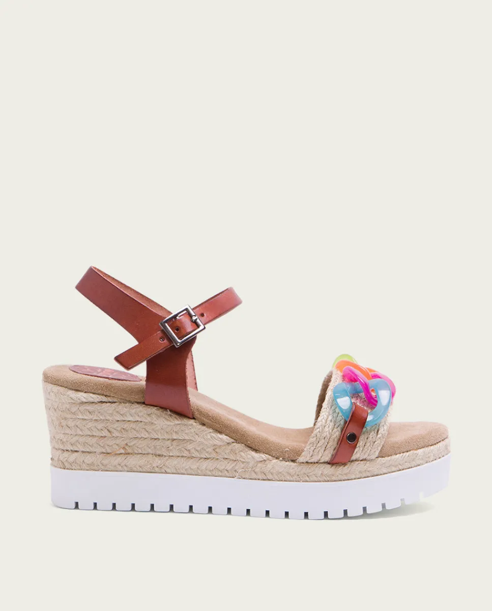 PORRONET Sandalia Cuña Piel Rafia Cuero-Colores Lola Discount