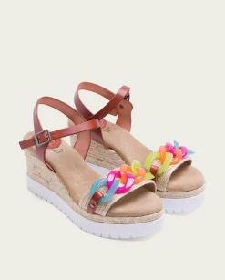 PORRONET Sandalia Cuña Piel Rafia Cuero-Colores Lola Discount