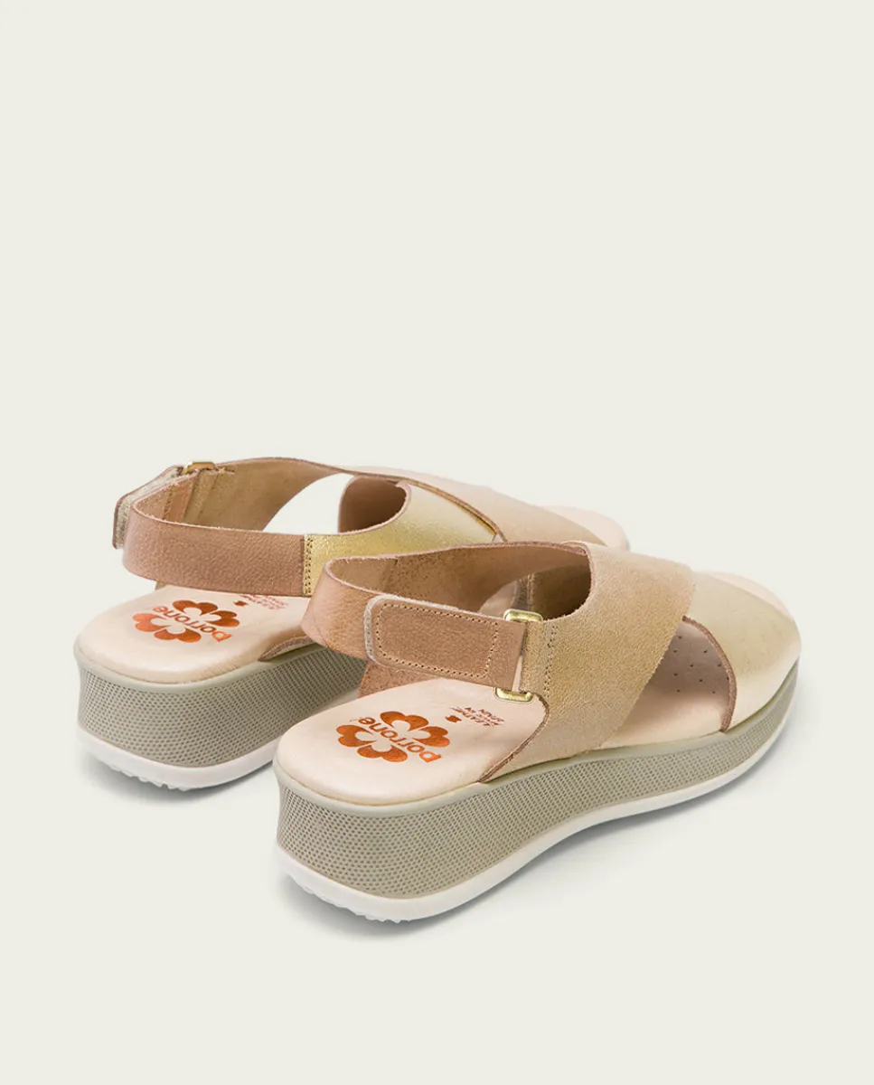 PORRONET Sandalia Cuña Piel Taupe Platino Flora Hot