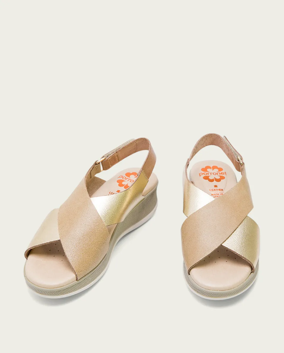 PORRONET Sandalia Cuña Piel Taupe Platino Flora Hot