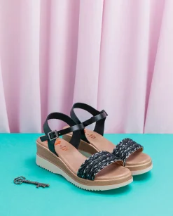 PORRONET Sandalia Cuña Piel Y Tejido Negro Lara Fashion