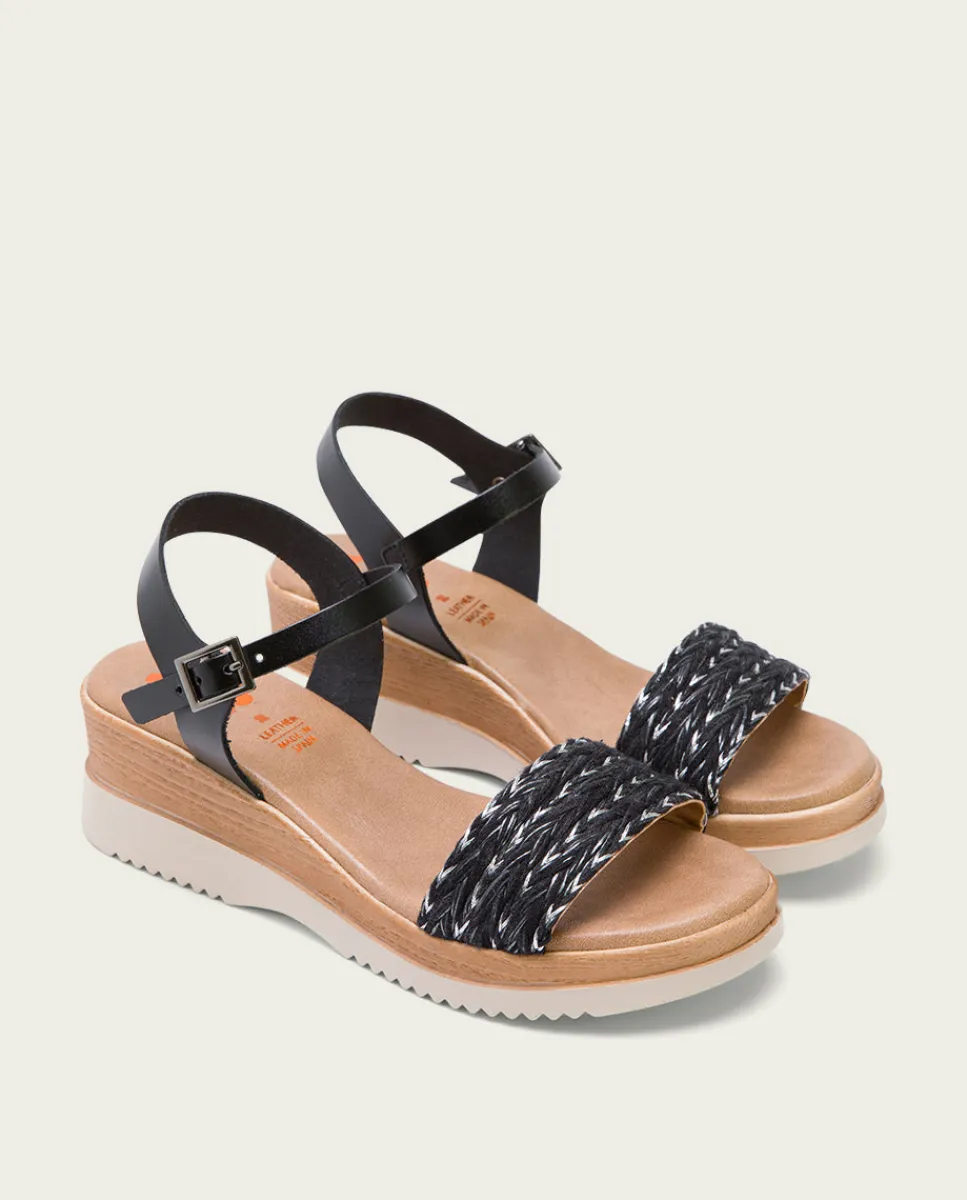 PORRONET Sandalia Cuña Piel Y Tejido Negro Lara Fashion