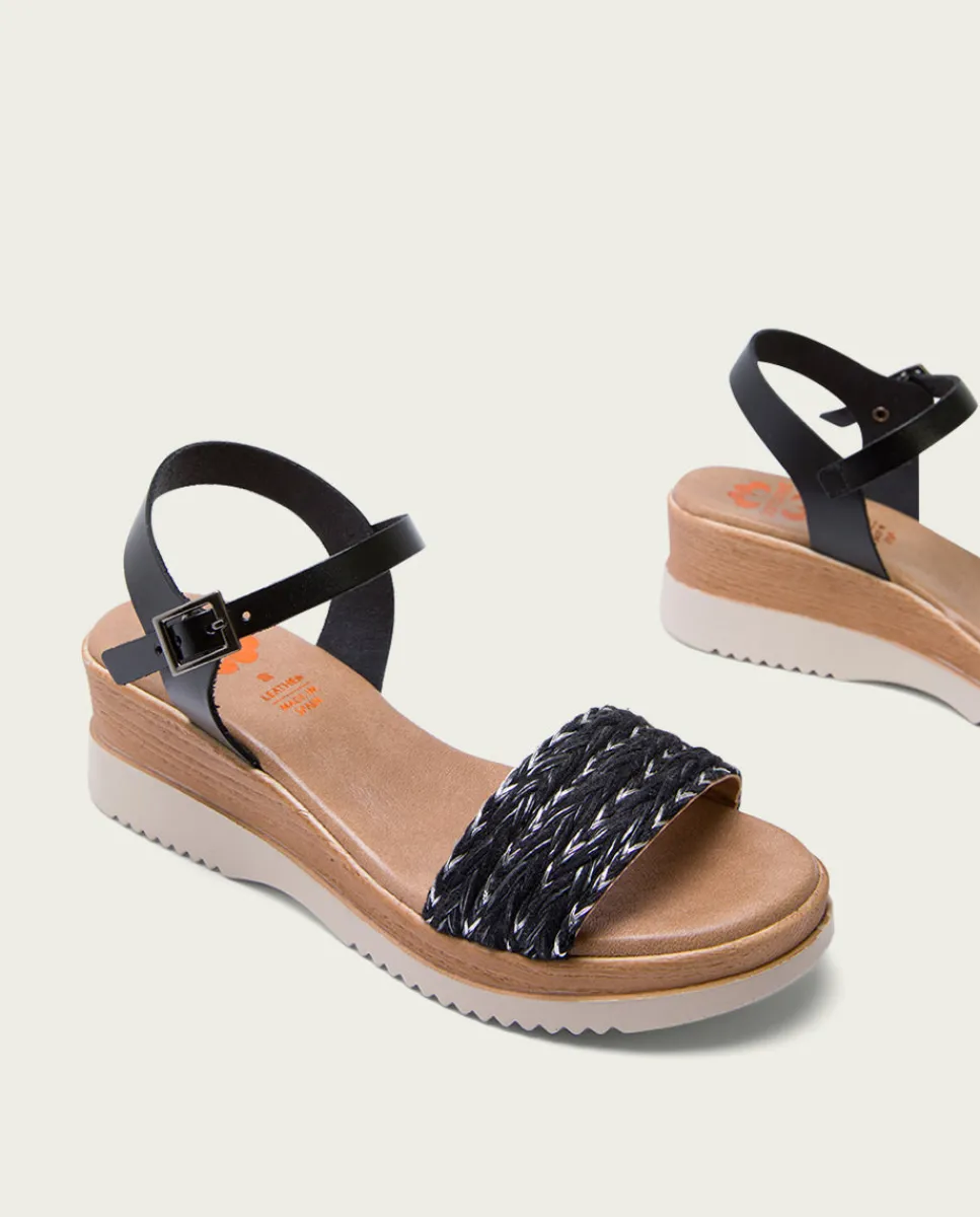 PORRONET Sandalia Cuña Piel Y Tejido Negro Lara Fashion