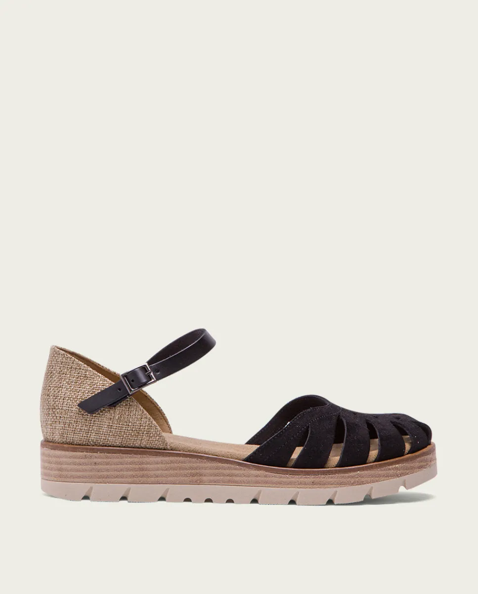 PORRONET Sandalia Cuña Serraje Negro Bianca Sale