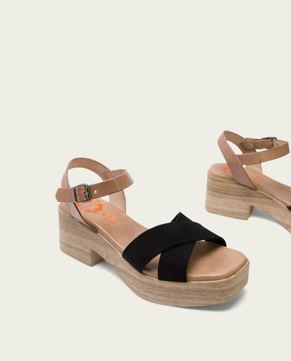 PORRONET Sandalia Tacón Bajo De Piel Taupe Negro Viviana Discount