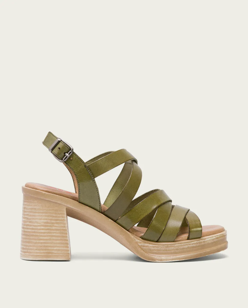 PORRONET Sandalia Tacón Medio De Piel Kaki Nerea Hot