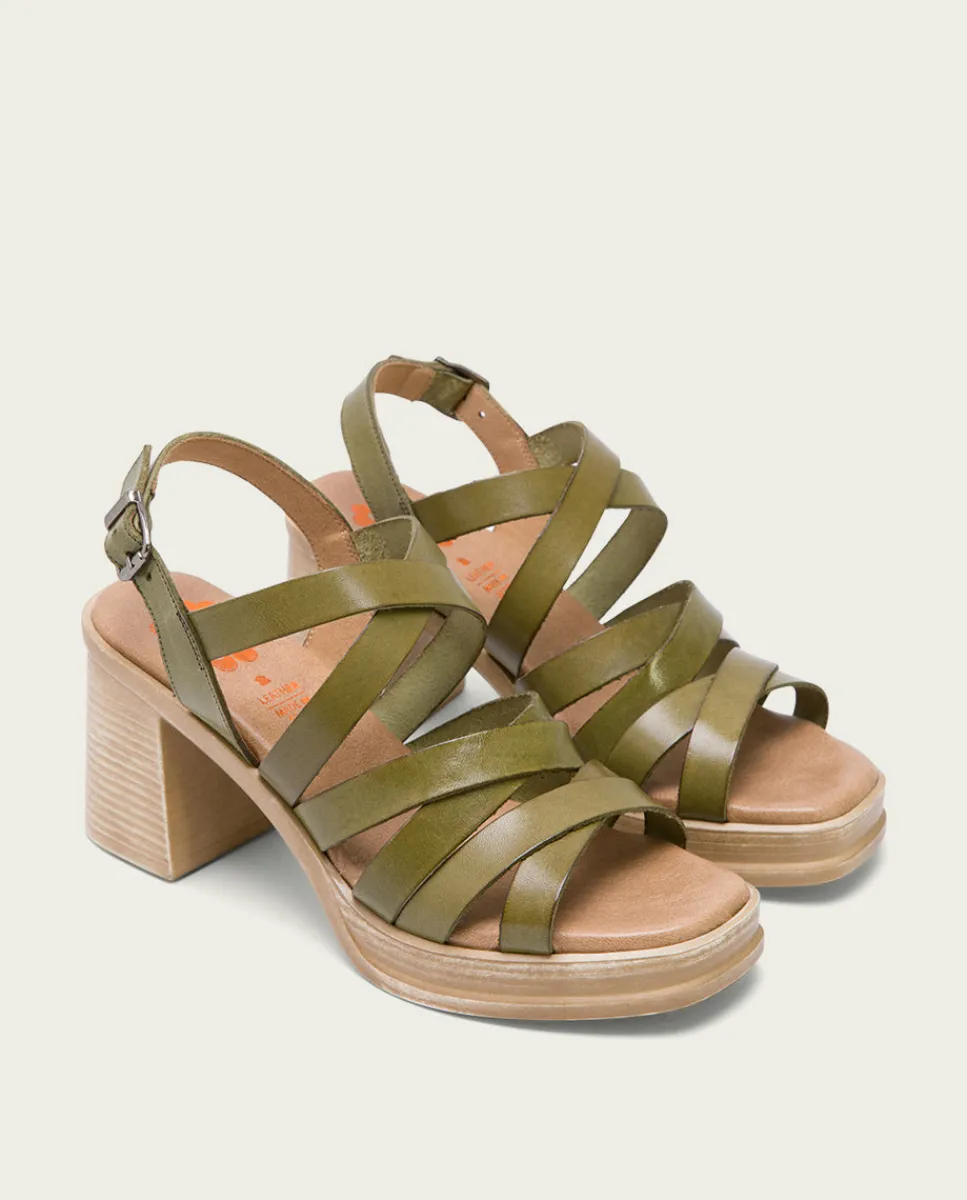 PORRONET Sandalia Tacón Medio De Piel Kaki Nerea Hot