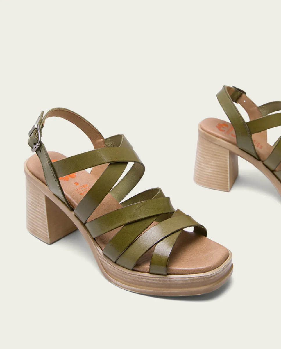 PORRONET Sandalia Tacón Medio De Piel Kaki Nerea Hot