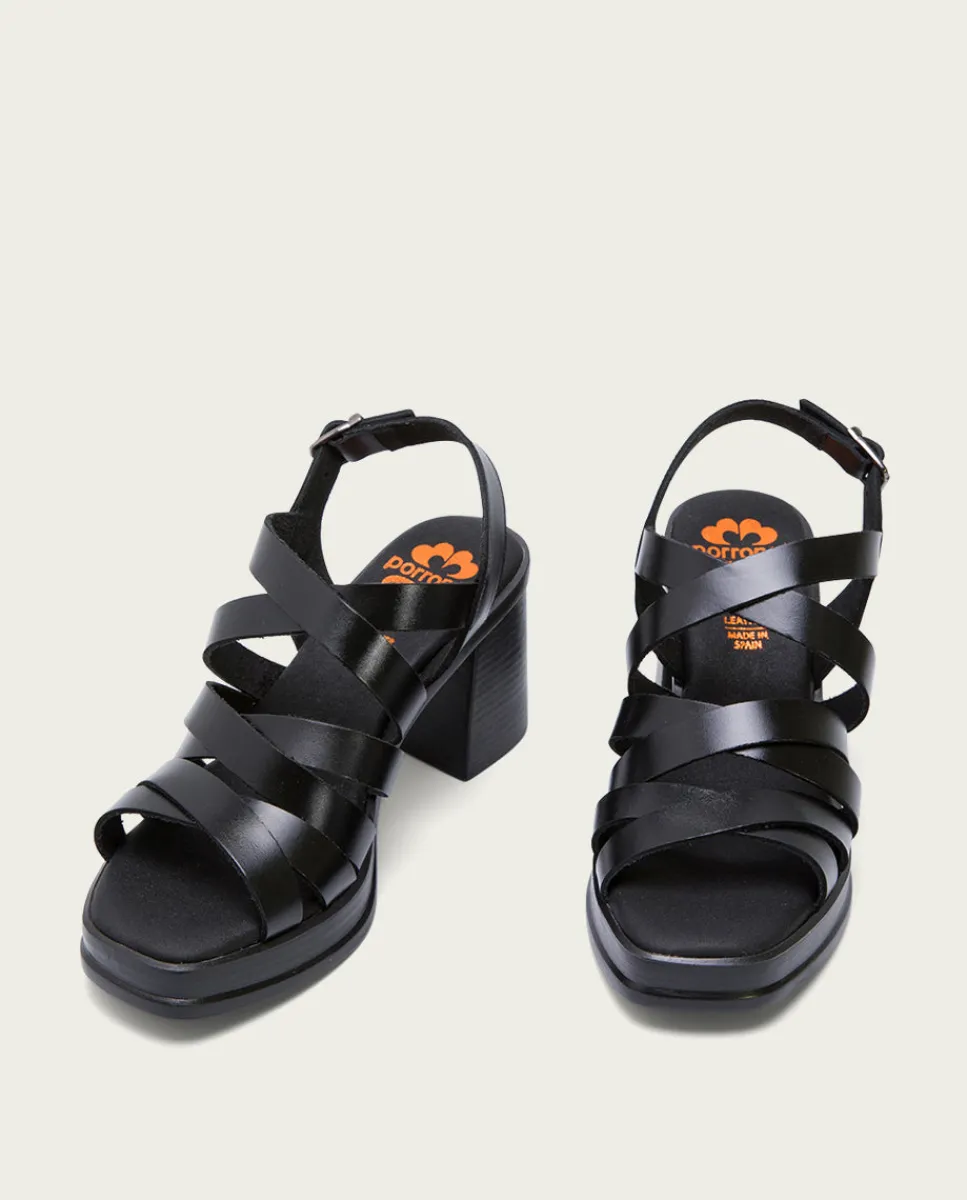 PORRONET Sandalia Tacón Medio De Piel Negro Nerea Clearance